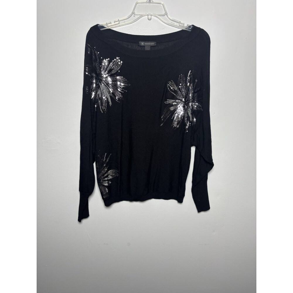 INC Black Sweater w/ Silver Sequin Flowers Dolman/Batwing Sleeves Women’s S Glam